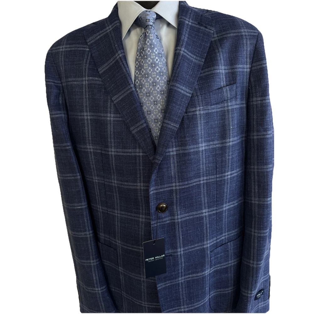 NWT Peter Millar Sport Coat Blazer Wool Silk Linen ATL Blue Plaid 46 R Reg $1295